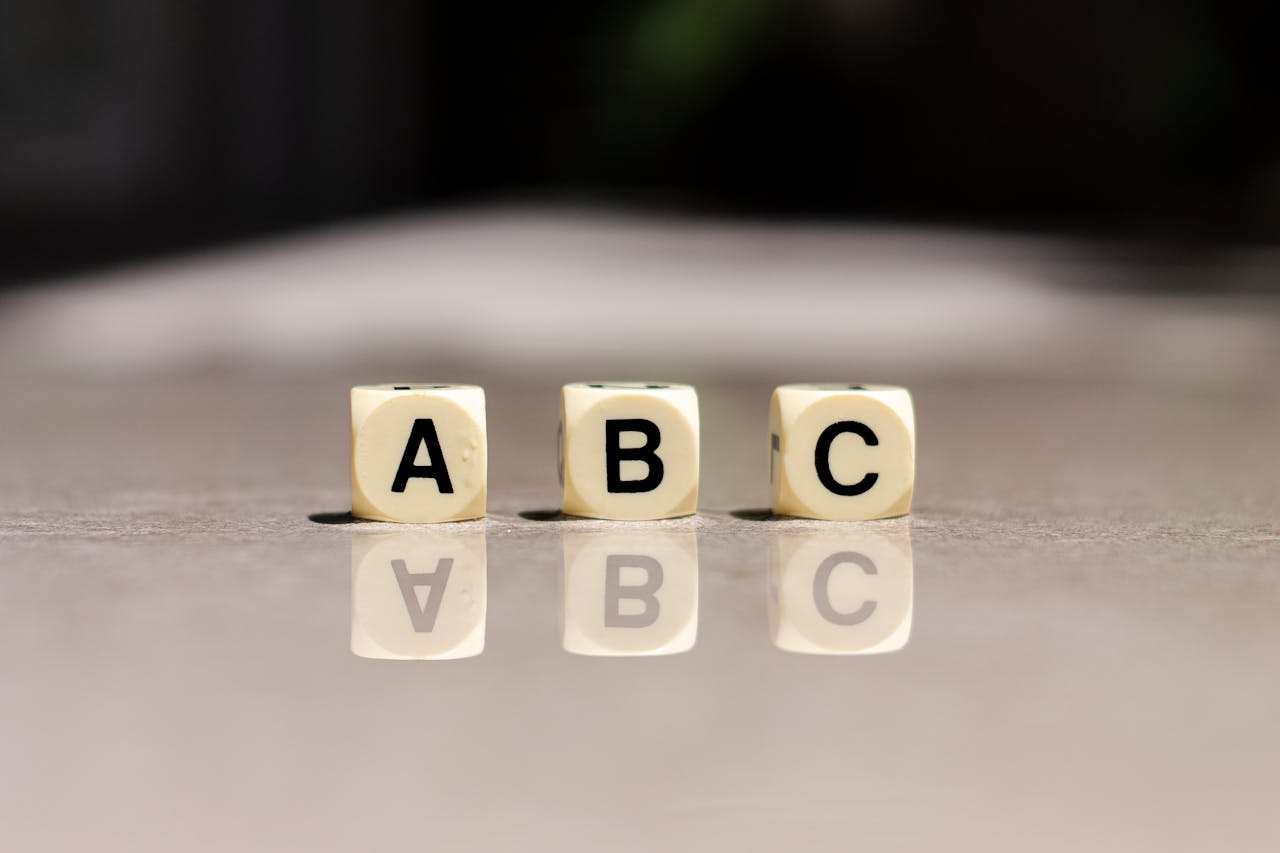 Close-up of alphabet dice spelling A, B, and C with reflections on a smooth surface.